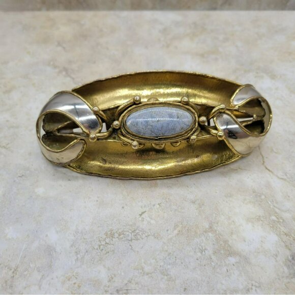 Signed Luciano Huge Belt Buckle Brutalist Brass Silver Modernist - Picture 1 of 11